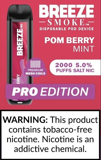 BREEZE POMEGRANATE BERRY MINT 2000 PUFFS 5.0% NIC PRO EDITION DISPOSABLE POD DEVICE 10/CT