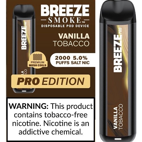 BREEZE VANILLA TOBACCO 2000 PUFFS 5.0% NIC PRO EDITION DISPOSABLE POD DEVICE 10/CT