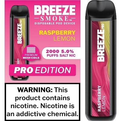 BREEZE RASPBERRY LEMON 2000 PUFFS 5.0% NIC PRO EDITION DISPOSABLE POD DEVICE 10/CT