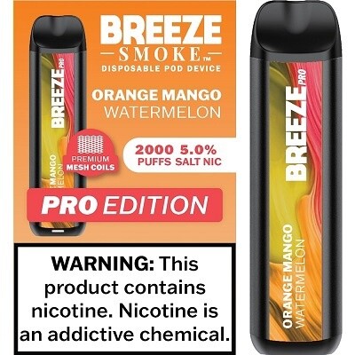 BREEZE ORANGE MANGO WATERMELON 2000 PUFFS 5.0% NIC PRO EDITION DISPOSABLE POD DEVICE 10/CT