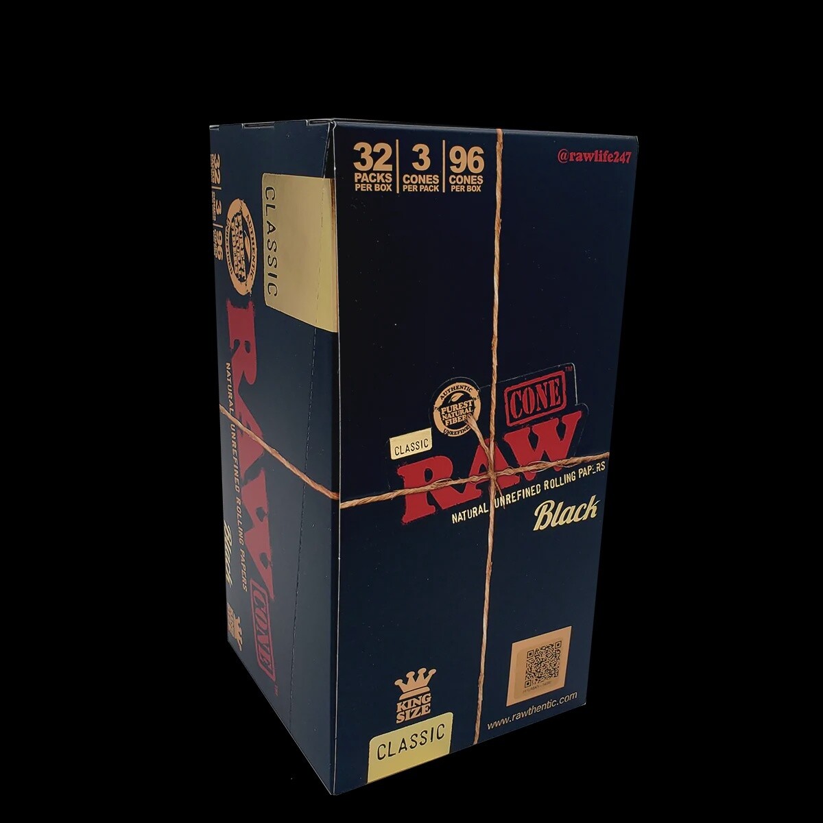 CLASSIC BLACK RAW CONE NATURALLY SLOW BURNING ROLLING PAPERS KING SIZE 3 CONES PER PACK