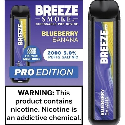 BREEZE BLUEBERRY BANANA 2000 PUFFS 5.0% NIC PRO EDITION DISPOSABLE POD DEVICE 10/CT