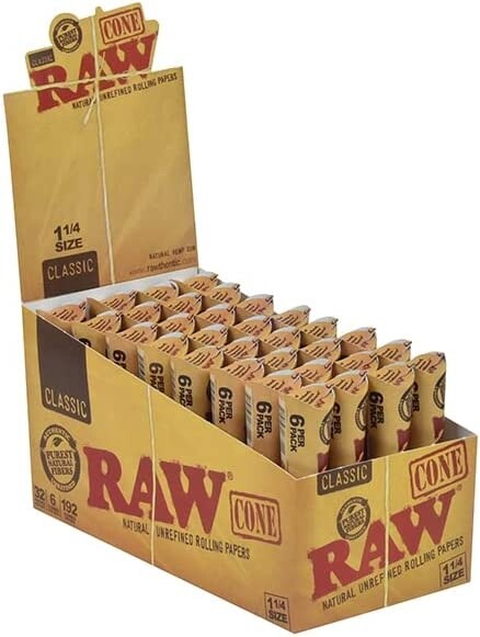 CLASSIC RAW CONE  ORGANIC  SLOW BURNING HEMP ROLLING PAPERS 1 1/4 SIZE 6 CONES PER PACK