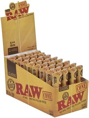 CLASSIC RAW CONE  ORGANIC  SLOW BURNING HEMP ROLLING PAPERS 1 1/4 SIZE 6 CONES PER PACK
