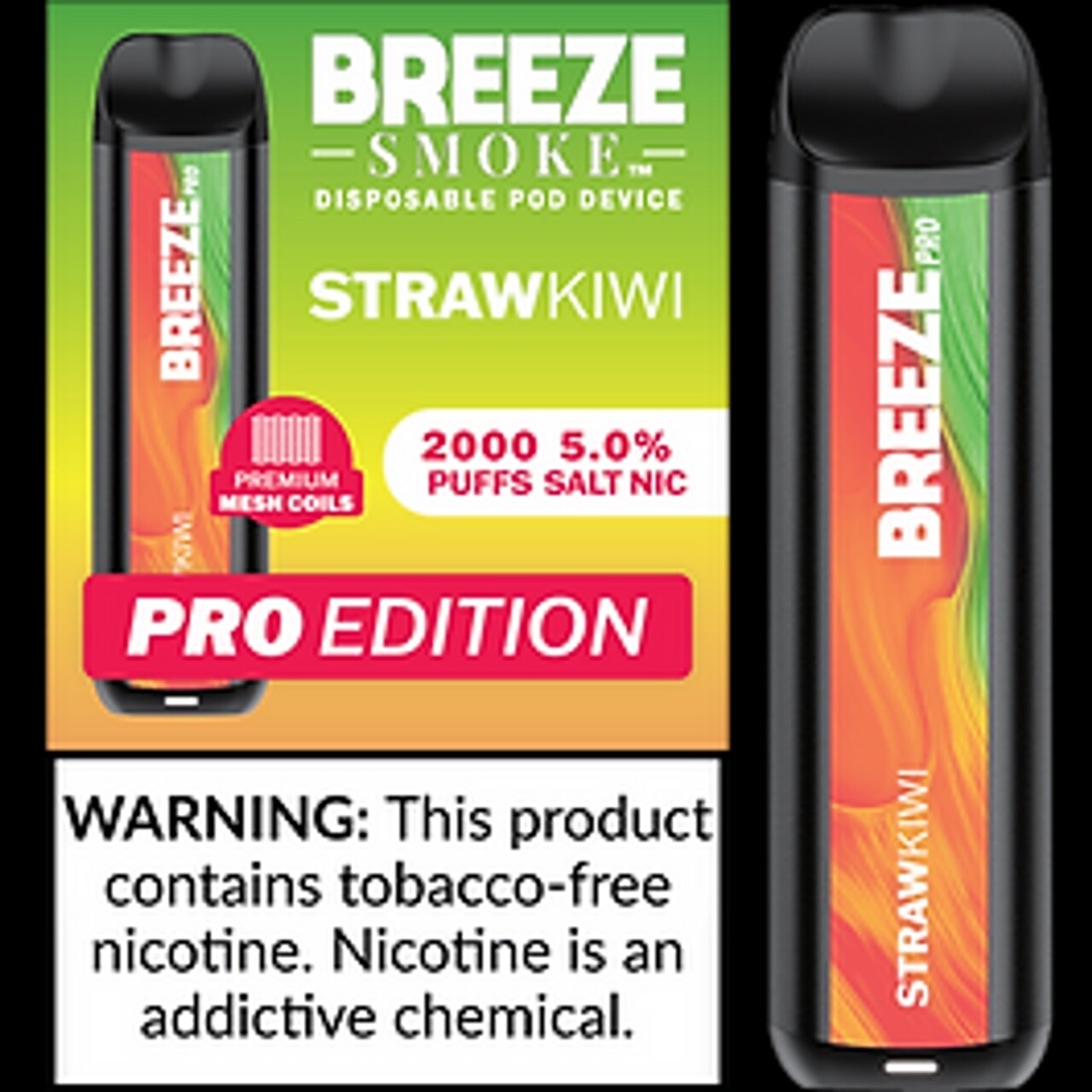 BREEZE STRAWBERRY KIWI 2000 PUFFS 5.0% NIC PRO EDITION DISPOSABLE POD DEVICE 10/CT