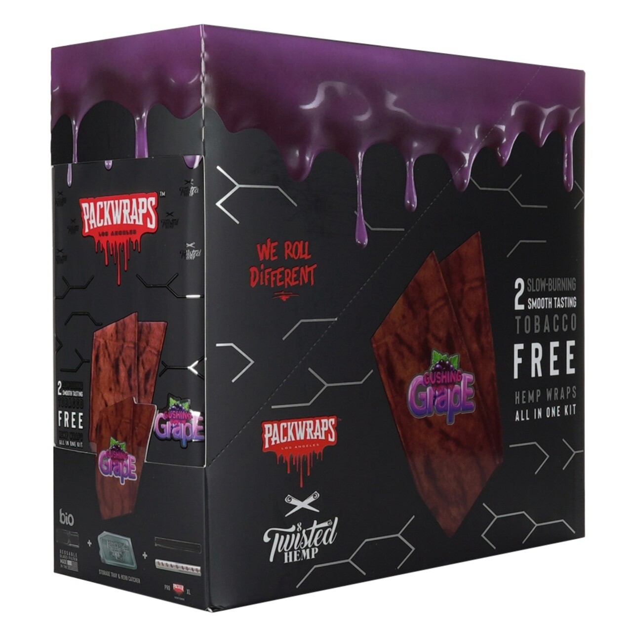 PACKWRAPS GUSHING GRAPE 2 SLOW BURNING SMOOTH TASTING TOBACCO FREE HEMP WRAPS ALL IN ONE KIT 10/CT
