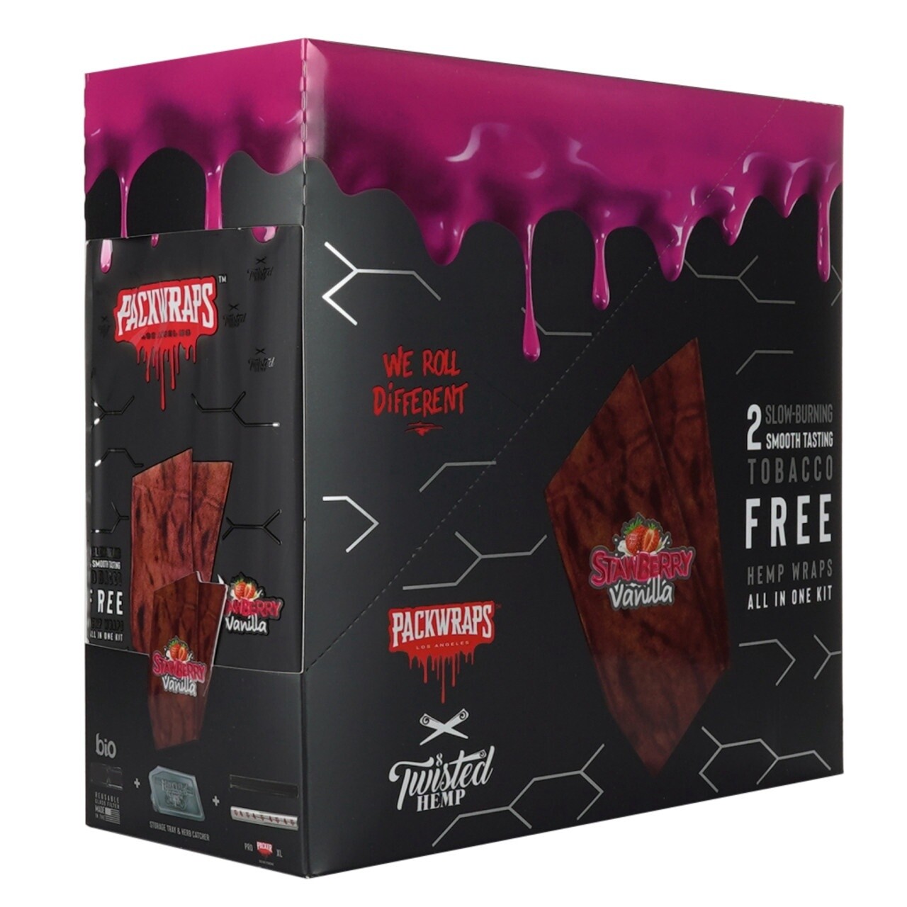 PACKWRAPS STAWBERRY VANILLA 2 SLOW BURNING SMOOTH TASTING TOBACCO FREE HEMP WRAPS ALL IN ONE KIT 10/CT