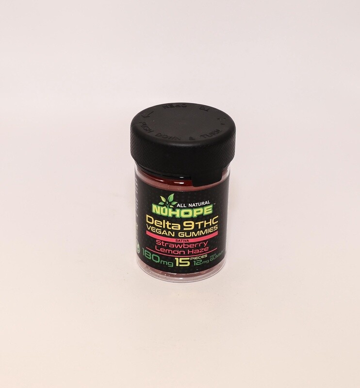 NUHOPE DELTA 9THC VEGAN GUMMIES SATIVA STRAWBERRY LEMON HAZE 15PCS 12MG PER GUMMY