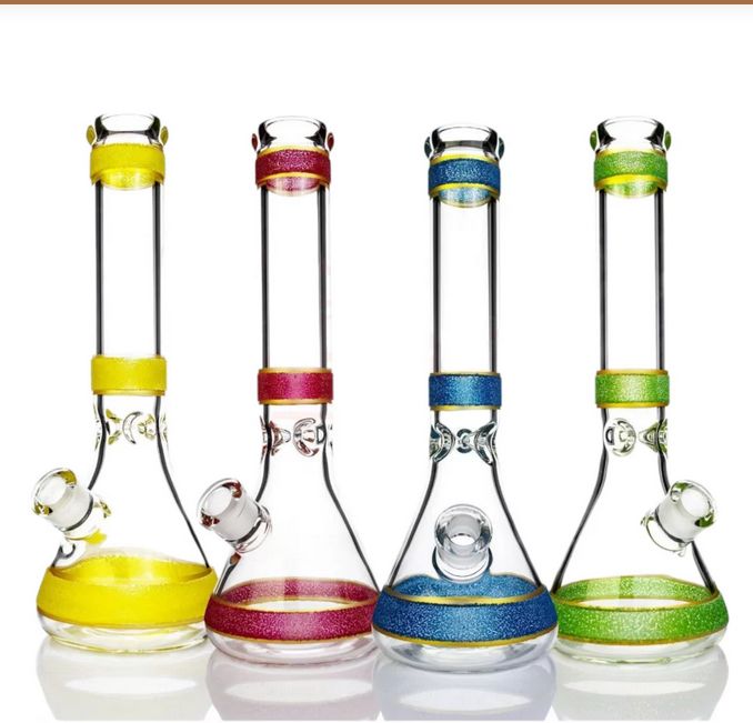 BEAKER BONG - 14&#39;&#39; 7MM SHIMMER STRIPE PATTERN - NEON YELLOW (SGBK26)