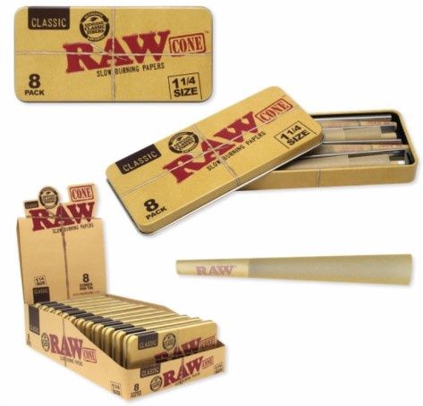 RAW CONES 1 1/4 TIN 8-PACK **REUSABLE METAL TIN CASE FOR STORING RAW PREROLLED CONES** 12/CT