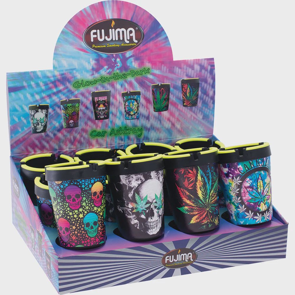 FUJIMA CAR ASHTRAY LEAF &amp; SKULL GLOW DESIGN 12/CT