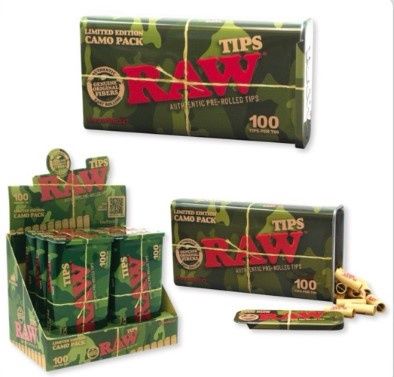 RAW TIPS PREROLLED CAMO TIN 100PC. 6/CT