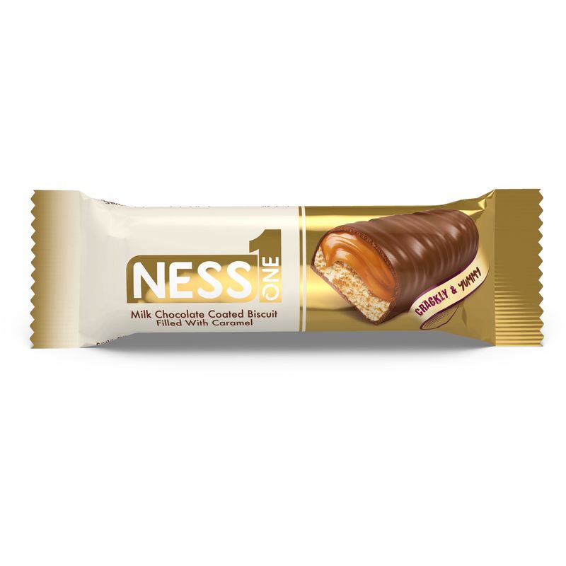 NESS ONE MILK CHOCOLATE COATED BISCUIT FILLED WITH CARAMEL CRACKLY &amp; YUMMM 36G 24/CT