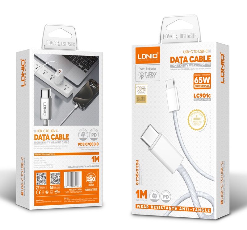 LDNIO 65W DATA CABLE CHARGE &amp; SYNC LC901C C-TYPE TO C-TYPE 1000MM