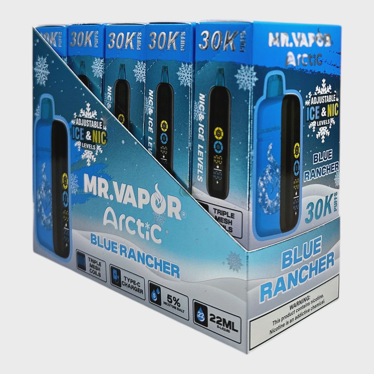 MR. VAPOR ARCTIC BLUE RANCHER 5% 30K PUFF ADJUSTABLE NIC &amp; ICE LEVEL 5/CT