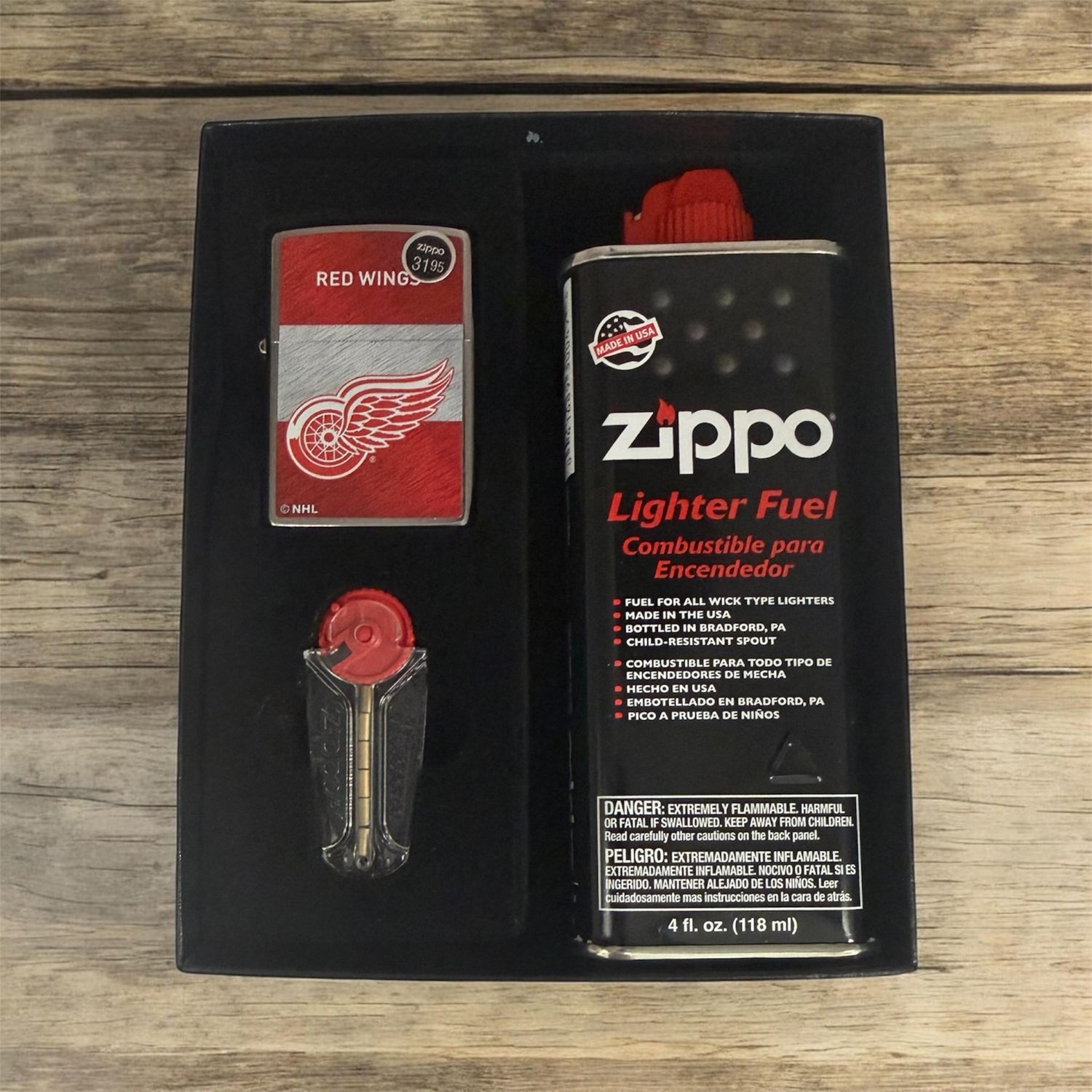 ZIPPO PREMIUM SPORT KIT LIGHTER, LIGHTER FUEL, GENUINE FLINTS, STYLE: RED WINGS