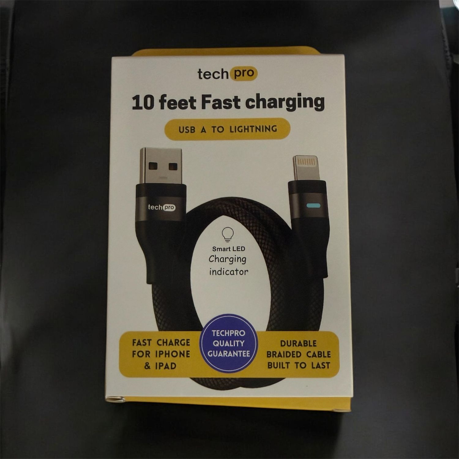 TECH PRO 10FT LED CABLE USB A TO LIGHTNING FAST CHARGE