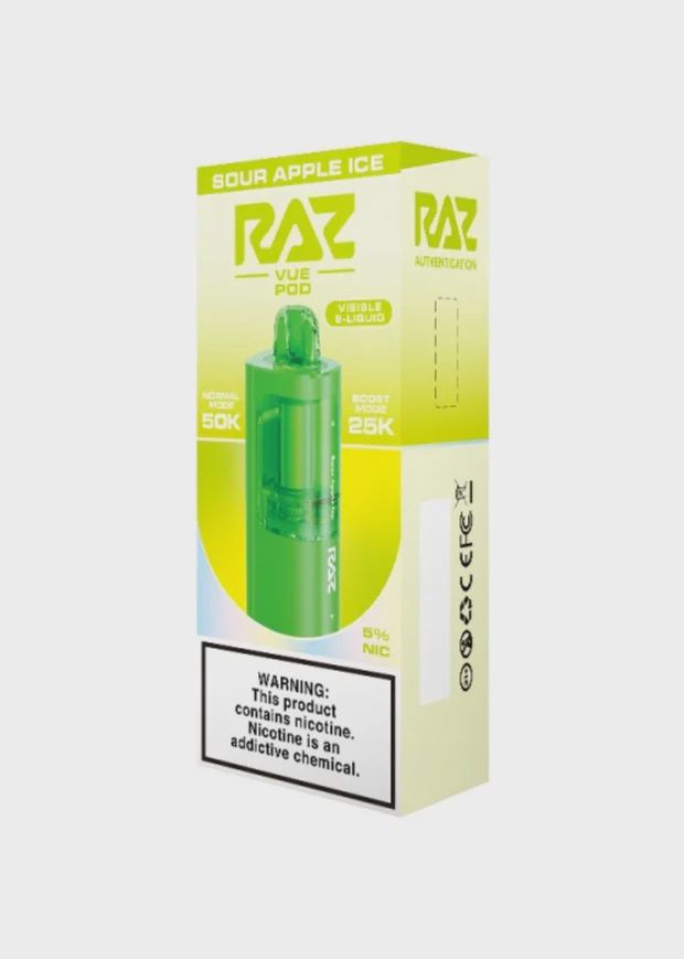 RAZ VUE 50000 DISPOSABLE POD 5/CT, FLAVOR: SOUR APPLE ICE