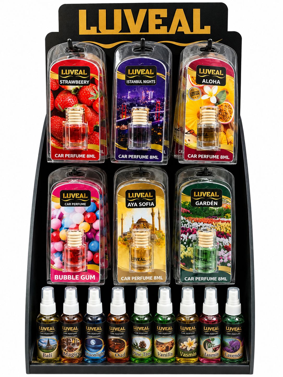 LUVEAL DISPLAY CAR PERFUME 8ML 48/CT AIR FRESHENER 30ML 32/CT
