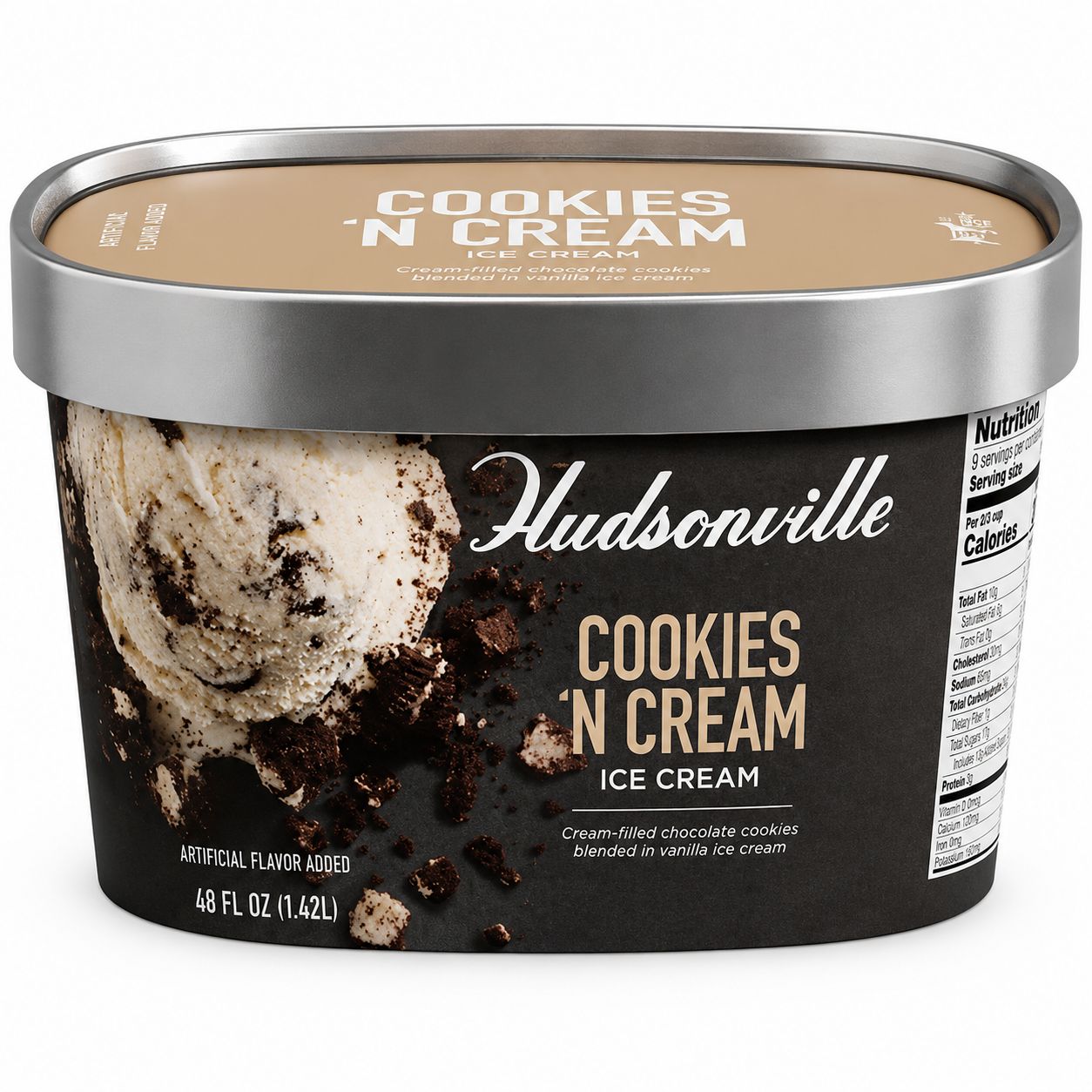 HUDSONVILLE COOKIE N CREAM ICE CREAM 48OZ 4/CT