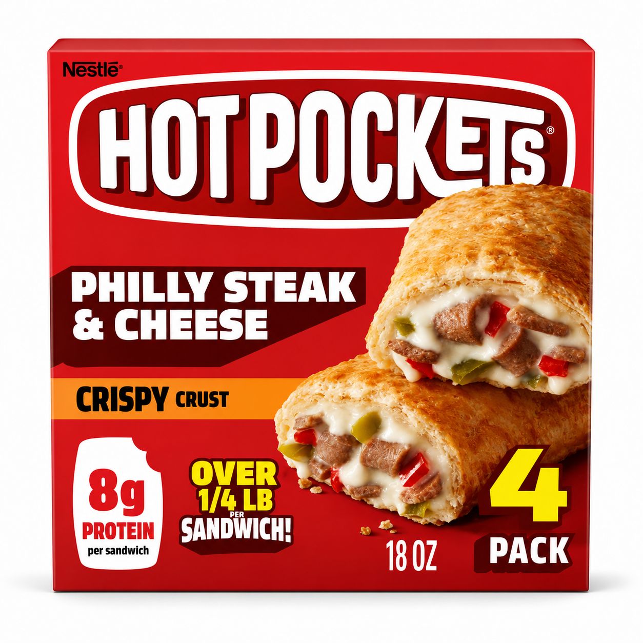 HOT POCKETS PHILLY STEAK &amp; CHEESE PEPPERS, ONIONS &amp; SAUCE IN A CRISPY CRUST 18 OZ