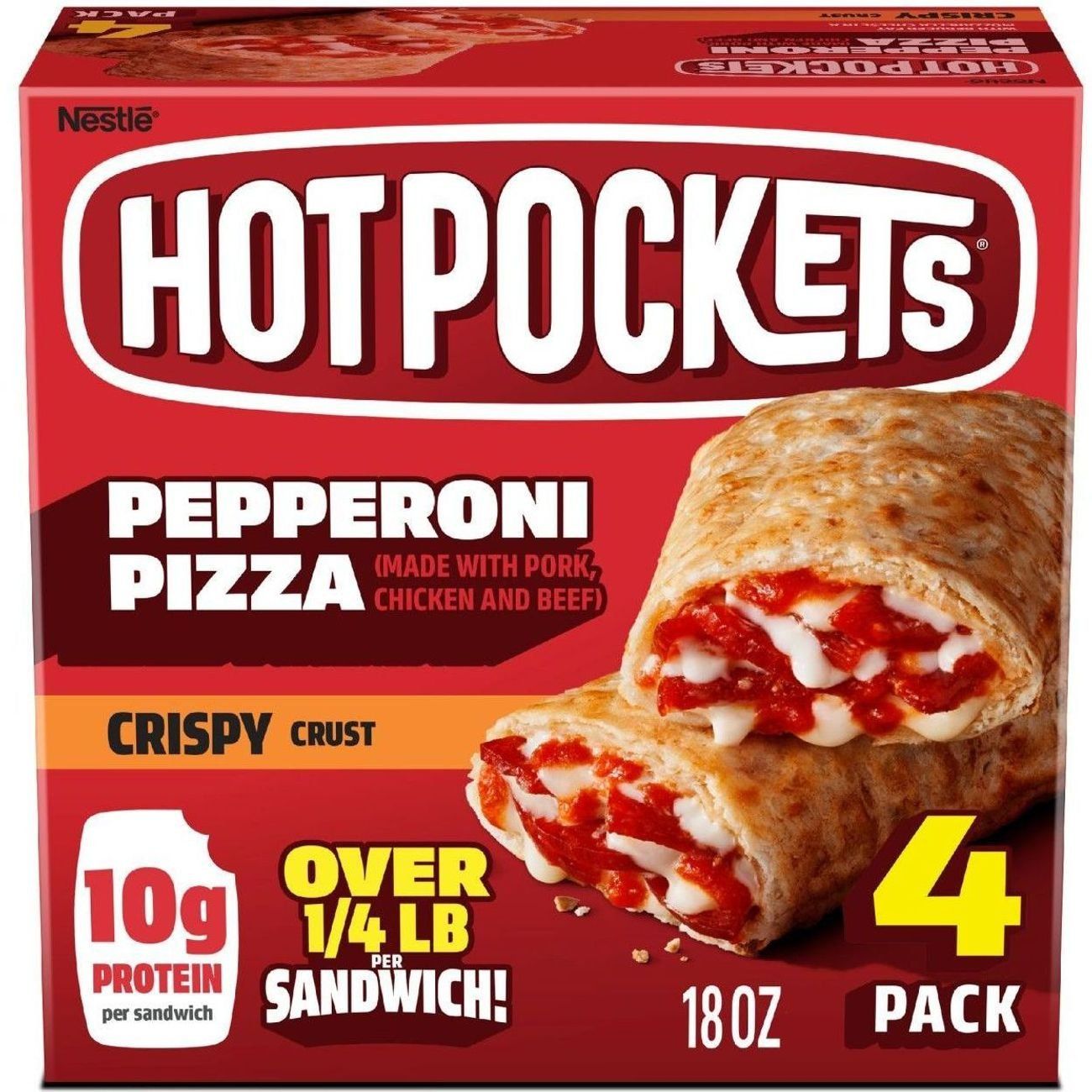 HOT POCKETS PEPPERONI PIZZA PORK, CHICKEN &amp; BEEF IN A CRISPY CRUST 18 OZ