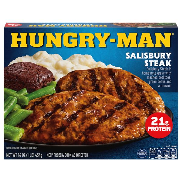 HUNGRY- MAN SALISBURY STEAK IN HOMESTYLE GRAVY W MASHED POTATOES GREEN BEAND &amp; BROWNIE 16 OZ