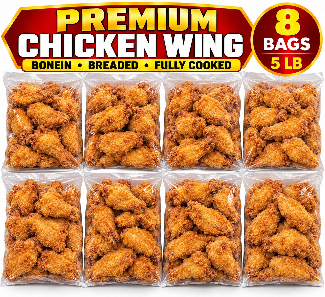 PREMIUM CHICKEN WING BONEIN BREADED FULLY COOKED 8 BAGS 5/ LB