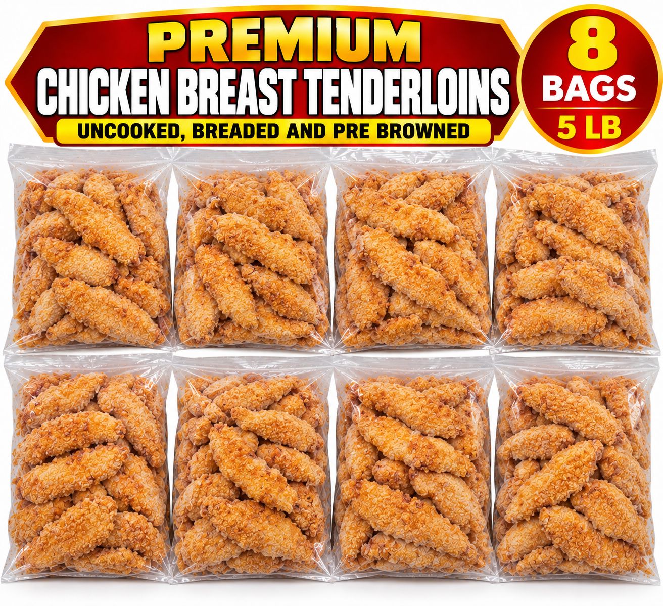 PREMIUM CHICKEN BREAST TENDERLOINS UNCOOKED , BREADED AND PRE BROWNED 8 BAGS 5/ LB