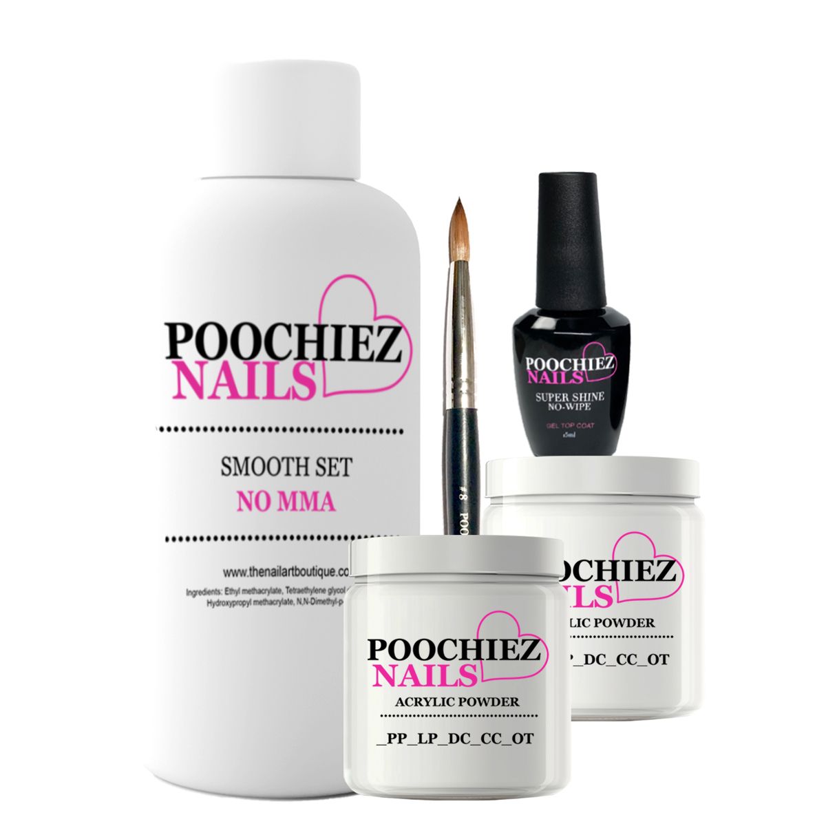 KIT (#8 PN BRUSH - 1oz PEACH ACRYLIC - 1oz PINK ACRYLIC - 8oz LIQUID - TOP COAT)