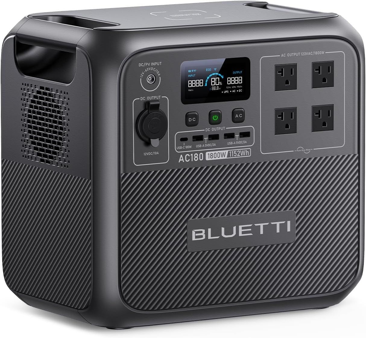 BLUETTI Generador solar AC180, batería de reserva LiFePO4 de 1,152 Wh con 4 salidas de CA de 1,800 W (pico de 2,700 W), 0-80% en 45 minutos, para campamento, fuera de la red, corte de energía