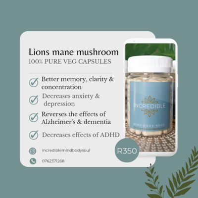 100% pure mushroom capsules:
LIONS MANE,
CHAGA, 
CORDYCEPS, 
TURKEY TAIL, 
REISHI,
KID FOCUS 
(Choose option from drop down box)