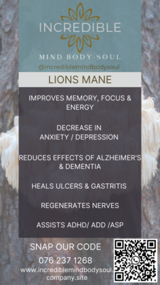 100% pure mushroom capsules:
LIONS MANE,
CHAGA, 
CORDYCEPS, 
TURKEY TAIL, 
REISHI,
KID FOCUS 
(Choose option from drop down box)