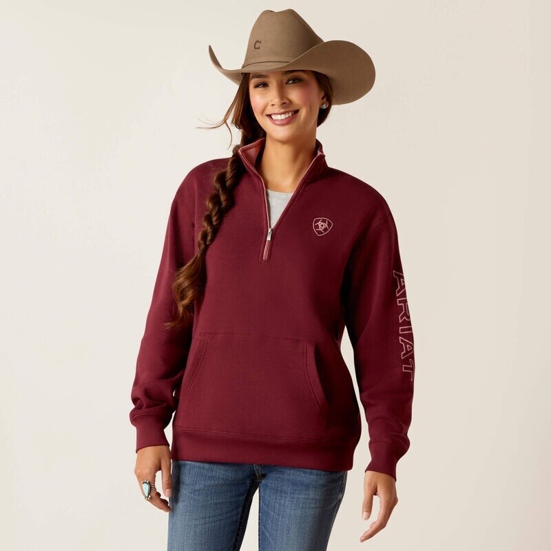 10046309 WOMEN&#39;S ARIAT TAWNY PORT LOGO 1/4 ZIP SWEATSHIRT