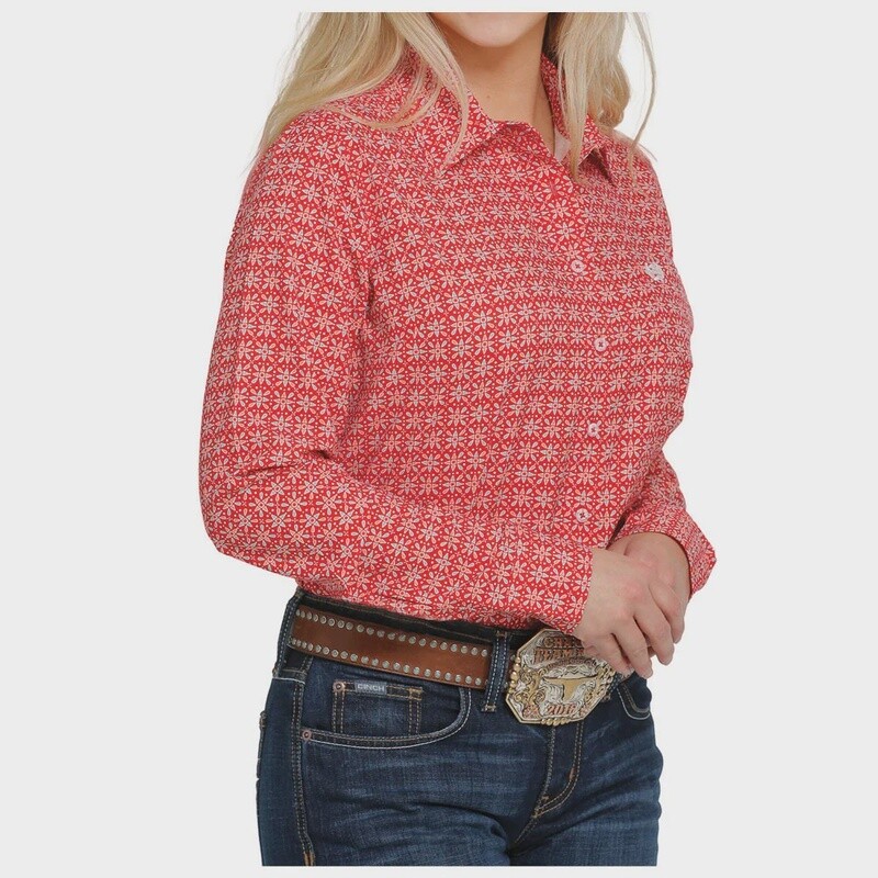 MSW9163008 WOMEN&#39;S CINCH ARENAFLEX RED LONG-SLEEVE BUTTON DOWN SHIRT