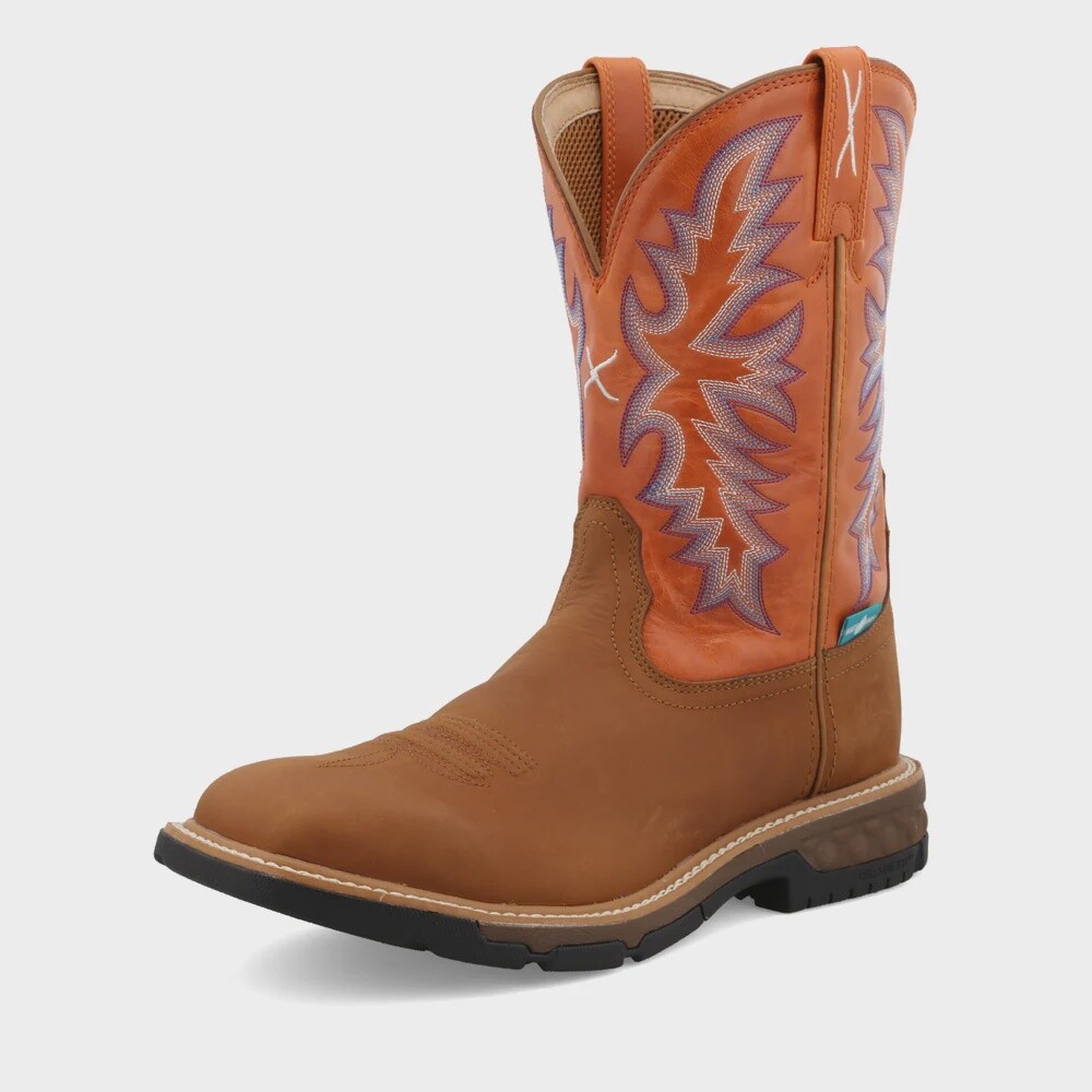 MXBW004 MEN&#39;S TWISTED X 11&quot; BROWN/ORANGE WATERPROOF SQUARE TOE WESTERN WORK BOOT