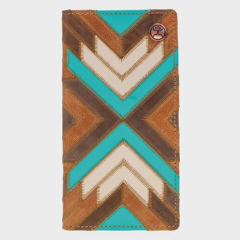 HW007-BRTQ HOOEY &quot;MONTEZUMA&quot; PATCHWORK RODEO WALLET W/ TURQUOISE ACCENTS