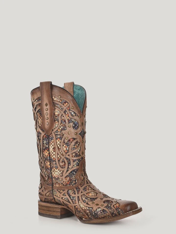 C3405 WOMEN&#39;S CORRAL BONE/MULTI INLAY &amp; STUDS WESTERN BOOT
