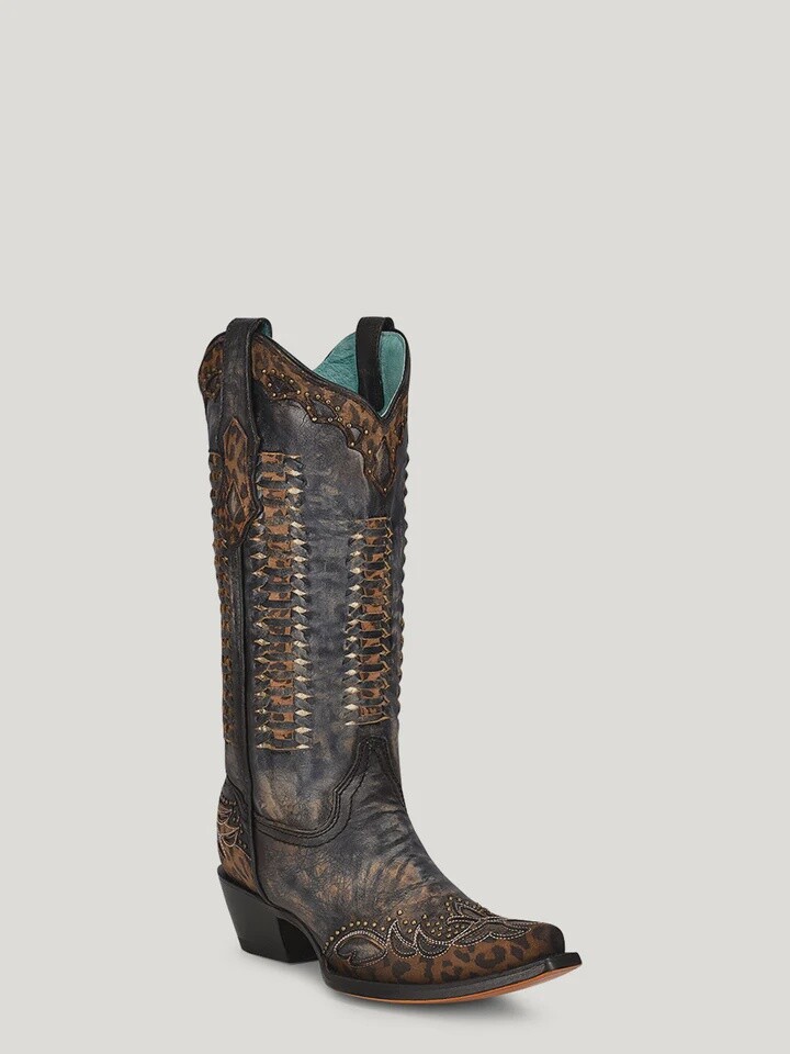 C3881 WOMEN&#39;S CORRAL LEOPARD OVERLAY/BLACK SNIP TOE WESTERN BOOT