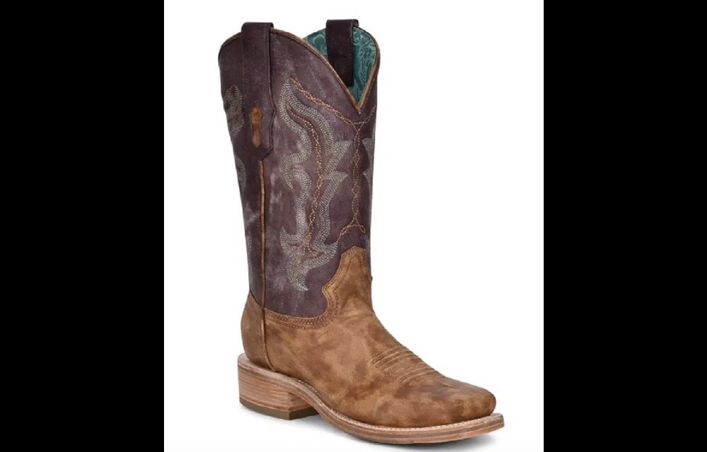 A4252 WOMEN&#39;S CORRAL SAND/PURPLE SQUARE TOE WESTERN BOOT