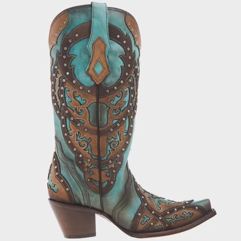 C3943 WOMEN&#39;S CORRAL TURQUOISE OVERLAY/EMBROIDERED WESTERN BOOT