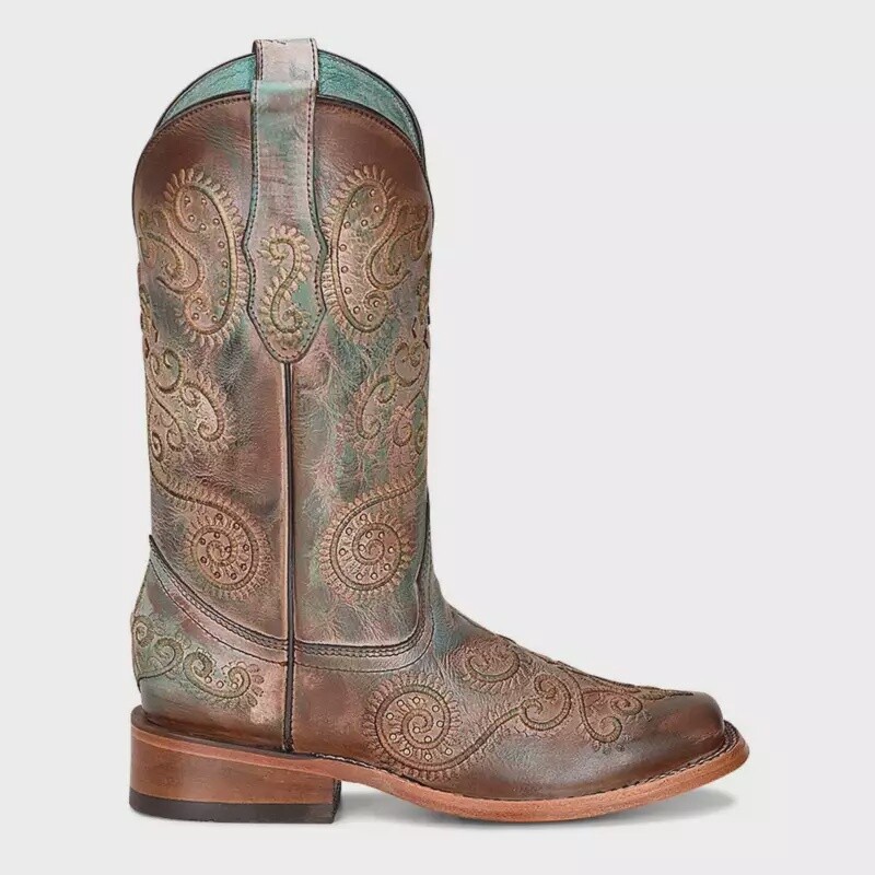 C3917 WOMEN&#39;S CORRAL TURQUOISE/BROWN DISTRESSED SQUARE TOE WESTERN BOOT