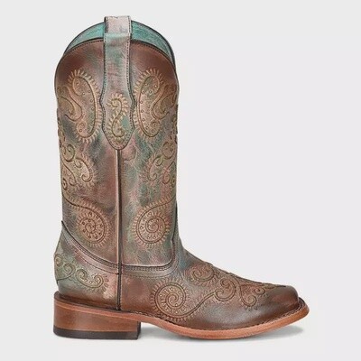 C3917 WOMEN'S CORRAL TURQUOISE/BROWN DISTRESSED SQUARE TOE WESTERN BOOT