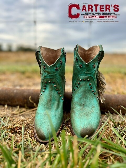 Q0233 WOMEN'S CIRCLE G BY CORRAL TURQUOISE FRINGE &amp; STAR STUDS W/ STAR INLAY ANKLE BOOTIE