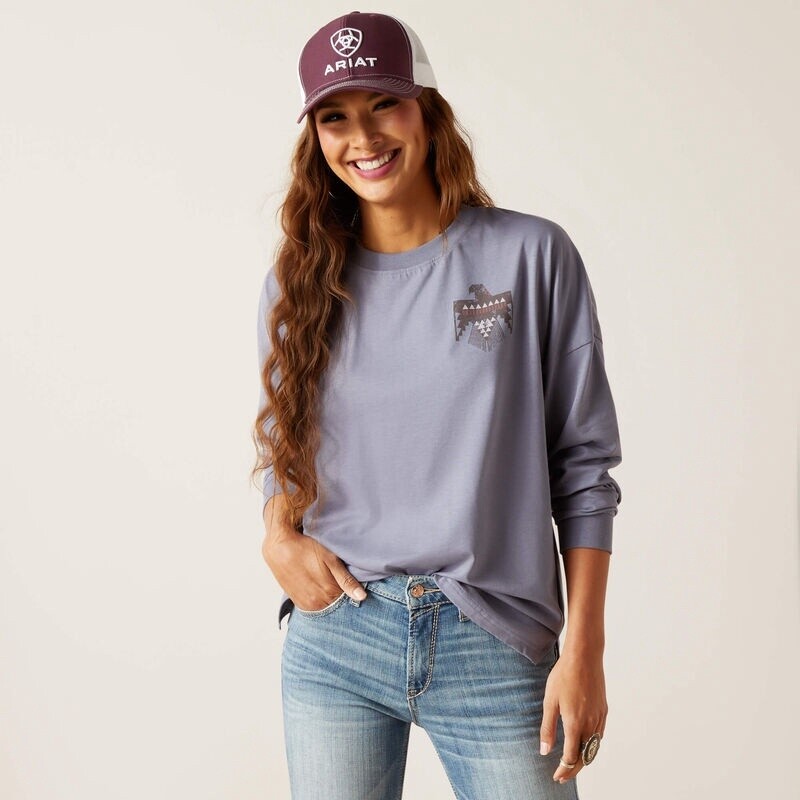10047406 WOMEN&#39;S ARIAT FOLKSTONE GRAY THUNDERBIRD LONG-SLEEVE TEE