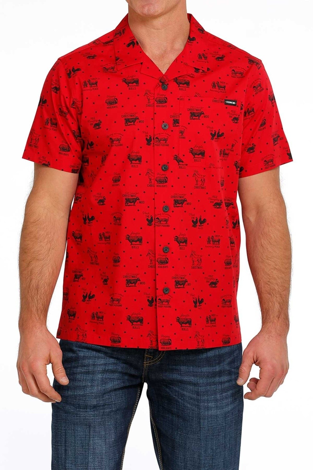 MTW1401017 MEN&#39;S CINCH RED FARM CHRISTMAS SHORT-SLEEVE CAMP SHIRT