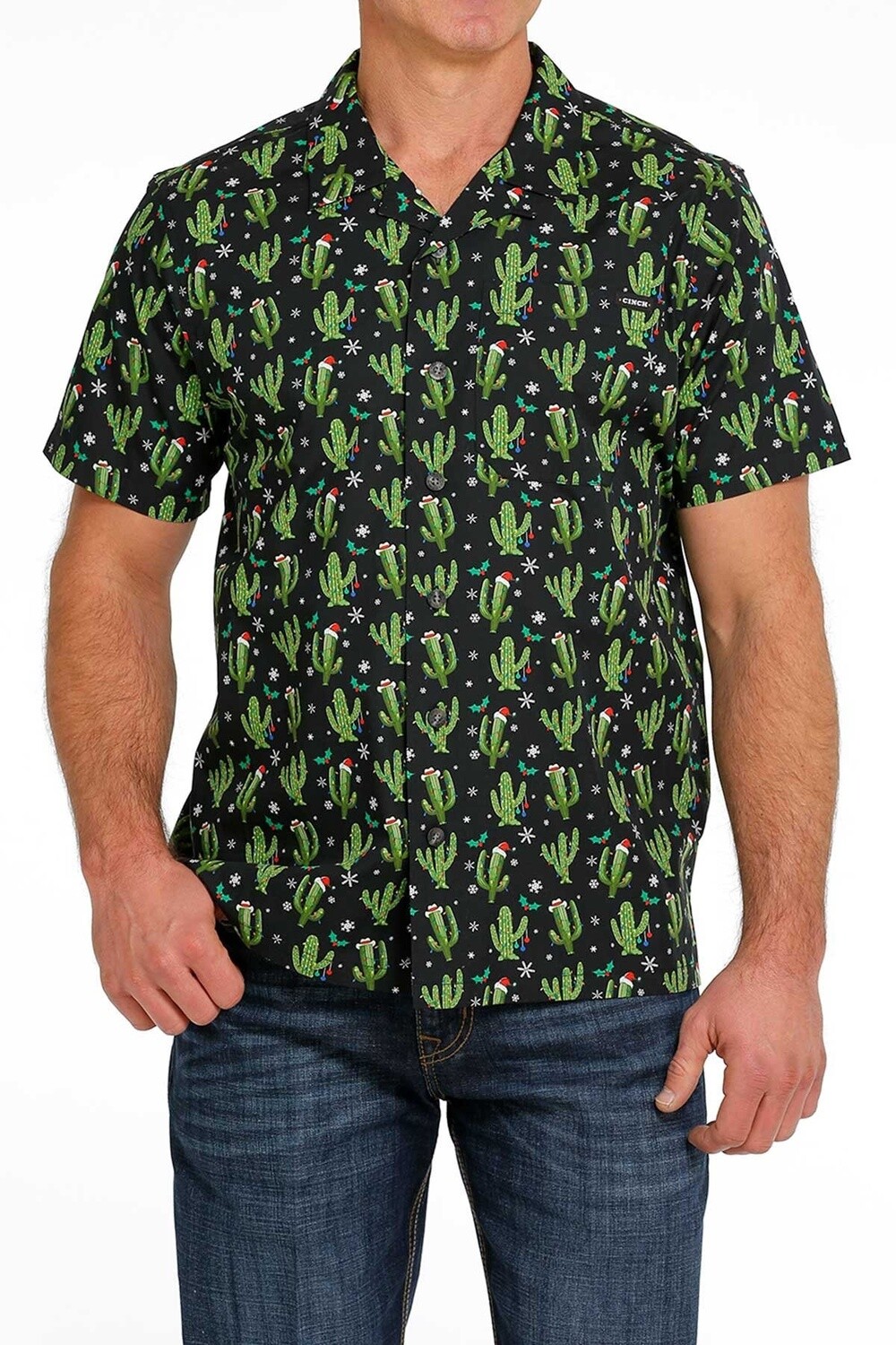 MTW1401019 MEN&#39;S CINCH BLACK CACTUS CHRISTMAS SHORT-SLEEVE CAMP SHIRT