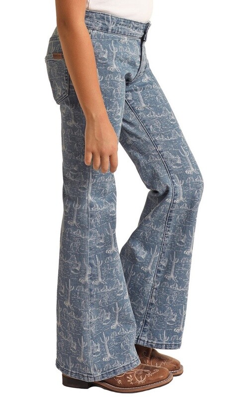 RRGD6PR17C GIRL'S ROCK &amp; ROLL HIGH RISE EXTRA STRETCH DESERT PRINT FLARE JEANS