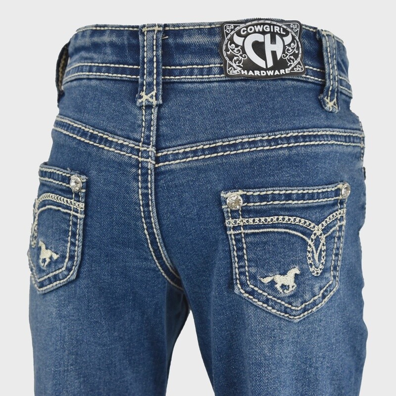 402114-450 GIRL&#39;S COWGIRL HARDWARE MEDIUM WASH BARBED WIRE LOOP AND HORSE BOOTCUT JEAN