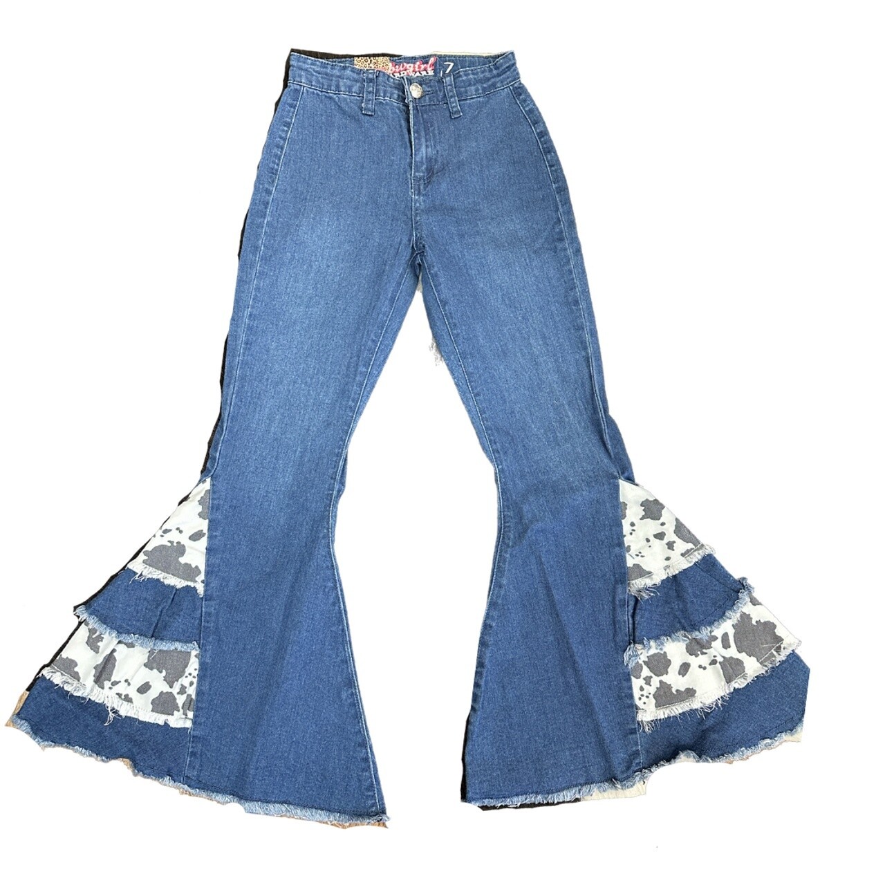 402144-450 GIRL&#39;S COWGIRL HARDWARE COW PRINT SIDE RUFFLE JEAN
